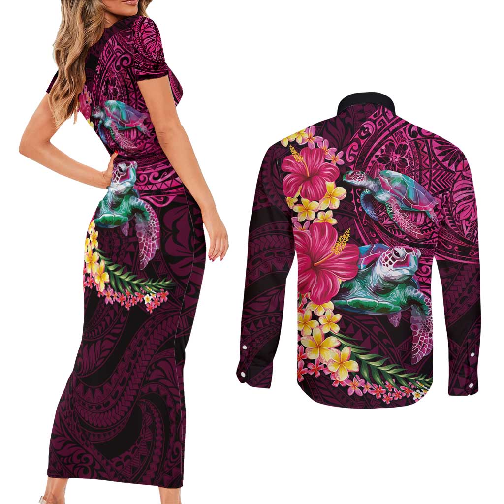 Hawaiian Plumeria and Hibiscus with Turtles Couples Matching Short Sleeve Bodycon Dress and Long Sleeve Button Shirt Polynesian Art Red Color LT03 - Polynesian Pride