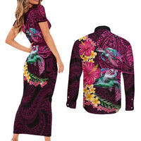 Hawaiian Plumeria and Hibiscus with Turtles Couples Matching Short Sleeve Bodycon Dress and Long Sleeve Button Shirt Polynesian Art Red Color LT03 - Polynesian Pride