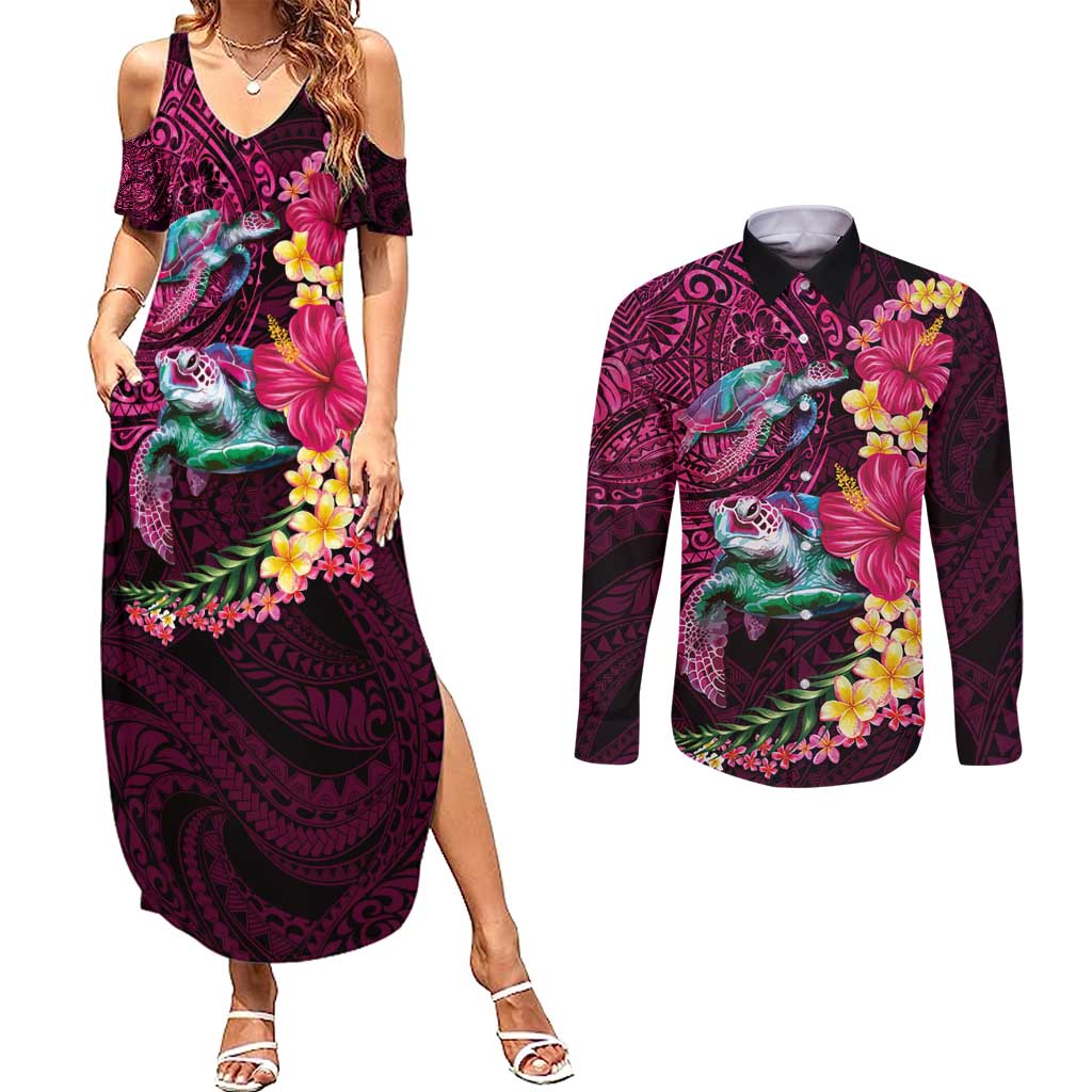 Hawaiian Plumeria and Hibiscus with Turtles Couples Matching Summer Maxi Dress and Long Sleeve Button Shirt Polynesian Art Red Color LT03 Red - Polynesian Pride