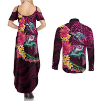 Hawaiian Plumeria and Hibiscus with Turtles Couples Matching Summer Maxi Dress and Long Sleeve Button Shirt Polynesian Art Red Color LT03 - Polynesian Pride