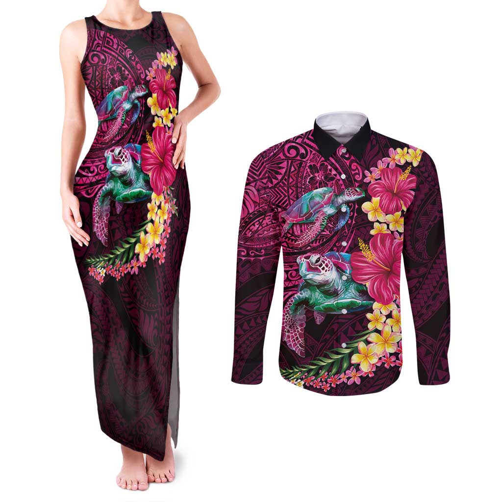 Hawaiian Plumeria and Hibiscus with Turtles Couples Matching Tank Maxi Dress and Long Sleeve Button Shirt Polynesian Art Red Color LT03 Red - Polynesian Pride