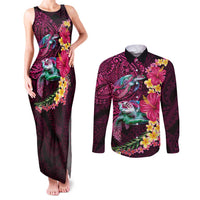 Hawaiian Plumeria and Hibiscus with Turtles Couples Matching Tank Maxi Dress and Long Sleeve Button Shirt Polynesian Art Red Color LT03 Red - Polynesian Pride