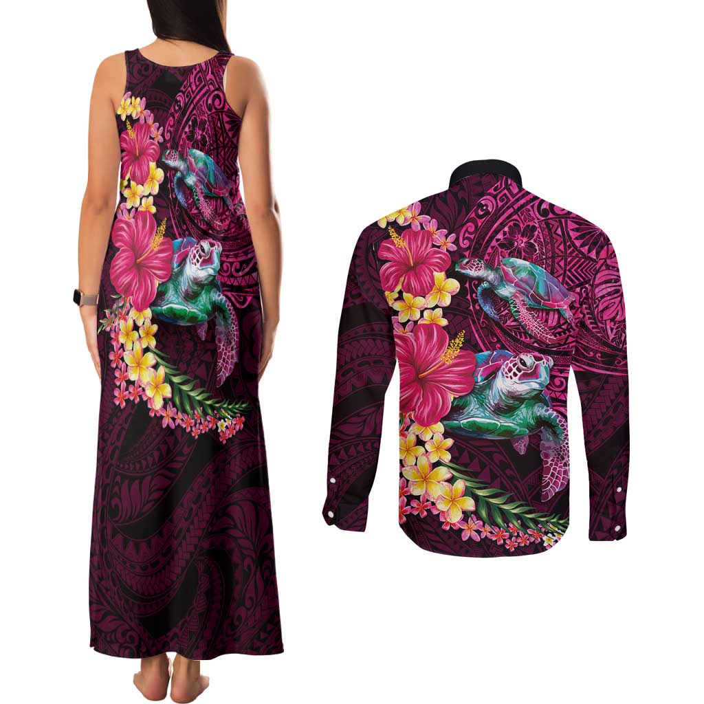 Hawaiian Plumeria and Hibiscus with Turtles Couples Matching Tank Maxi Dress and Long Sleeve Button Shirt Polynesian Art Red Color LT03 - Polynesian Pride