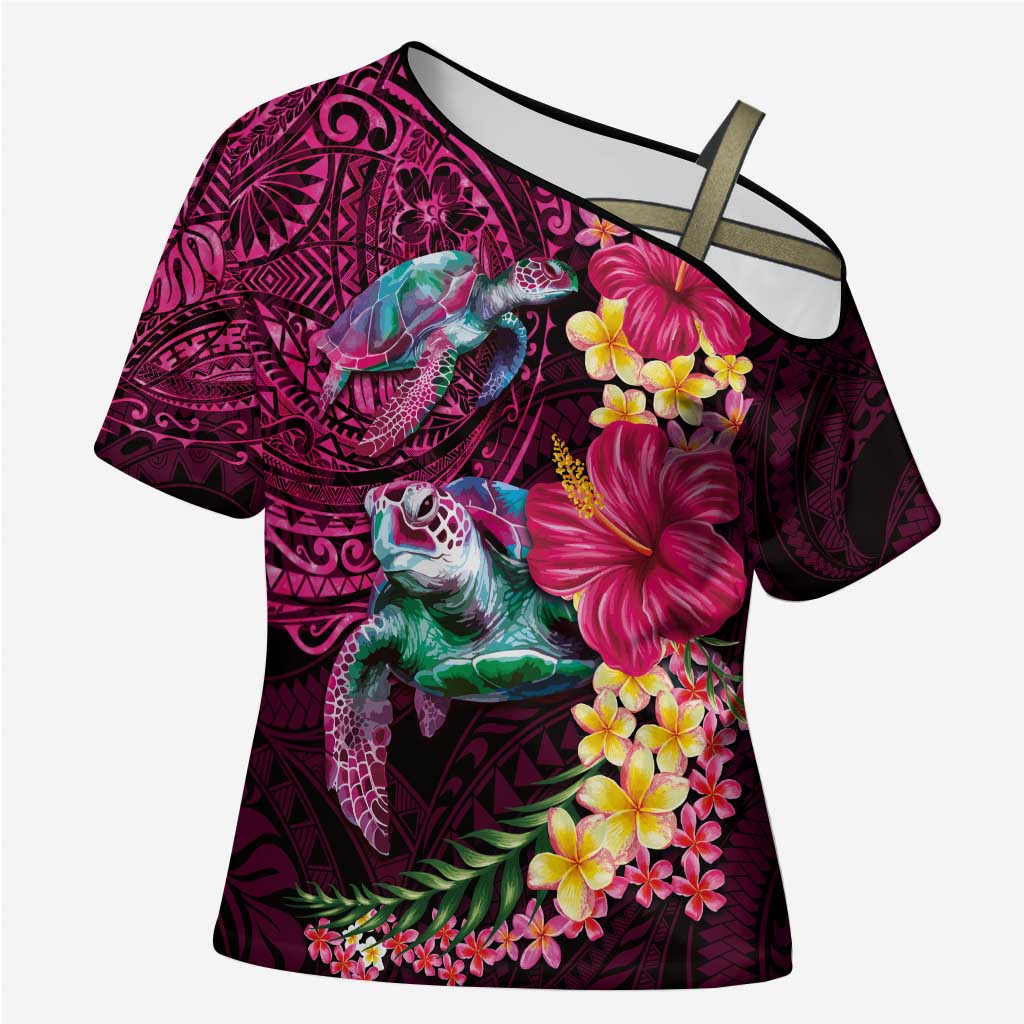 Hawaiian Plumeria and Hibiscus with Turtles Cross Shoulder Shirt Polynesian Art Red Color LT03 Female Red - Polynesian Pride