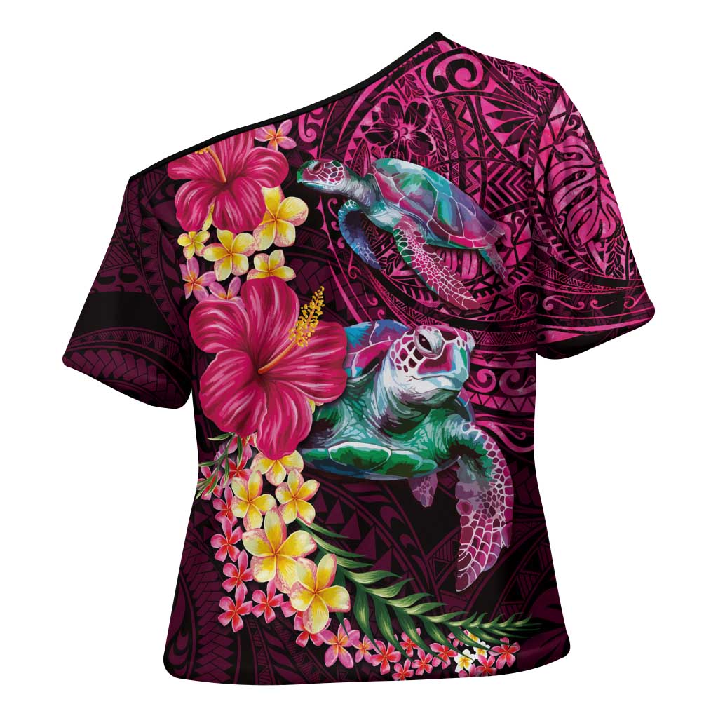 Hawaiian Plumeria and Hibiscus with Turtles Cross Shoulder Shirt Polynesian Art Red Color LT03 - Polynesian Pride
