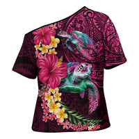 Hawaiian Plumeria and Hibiscus with Turtles Cross Shoulder Shirt Polynesian Art Red Color LT03 - Polynesian Pride