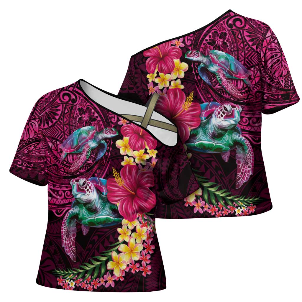 Hawaiian Plumeria and Hibiscus with Turtles Cross Shoulder Shirt Polynesian Art Red Color LT03 - Polynesian Pride