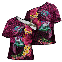 Hawaiian Plumeria and Hibiscus with Turtles Cross Shoulder Shirt Polynesian Art Red Color LT03 - Polynesian Pride