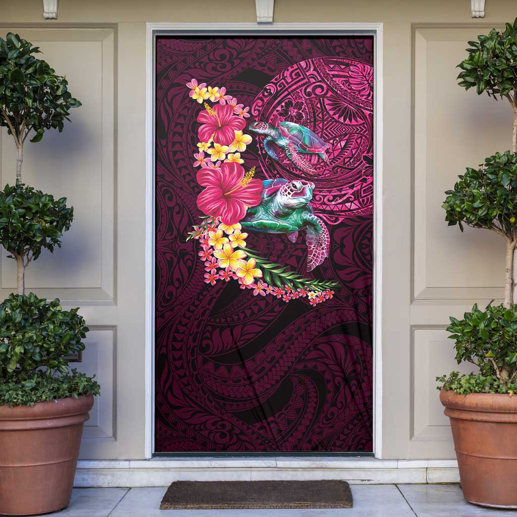 Hawaiian Plumeria and Hibiscus with Turtles Door Cover Polynesian Art Red Color LT03 Red - Polynesian Pride
