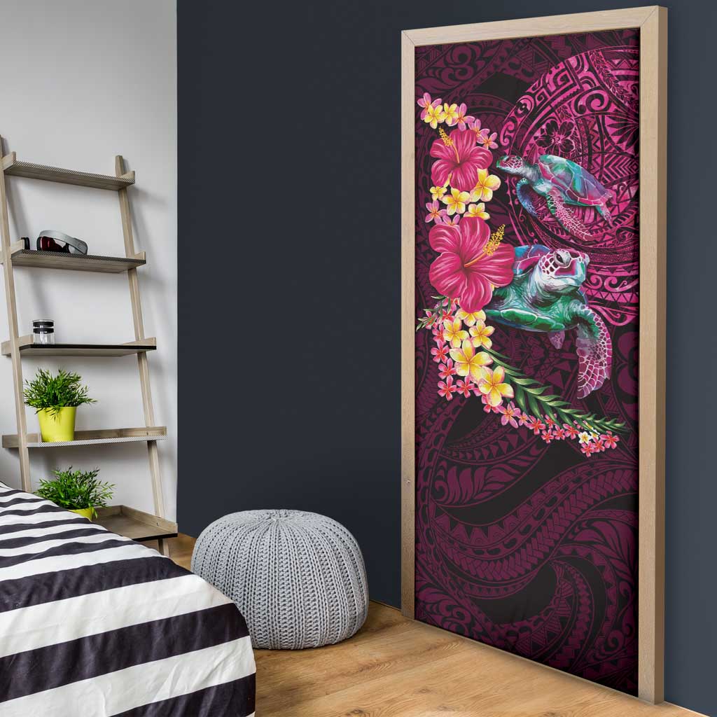 Hawaiian Plumeria and Hibiscus with Turtles Door Cover Polynesian Art Red Color LT03 - Polynesian Pride