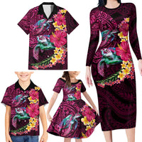 Hawaiian Plumeria and Hibiscus with Turtles Family Matching Long Sleeve Bodycon Dress and Hawaiian Shirt Polynesian Art Red Color LT03 - Polynesian Pride