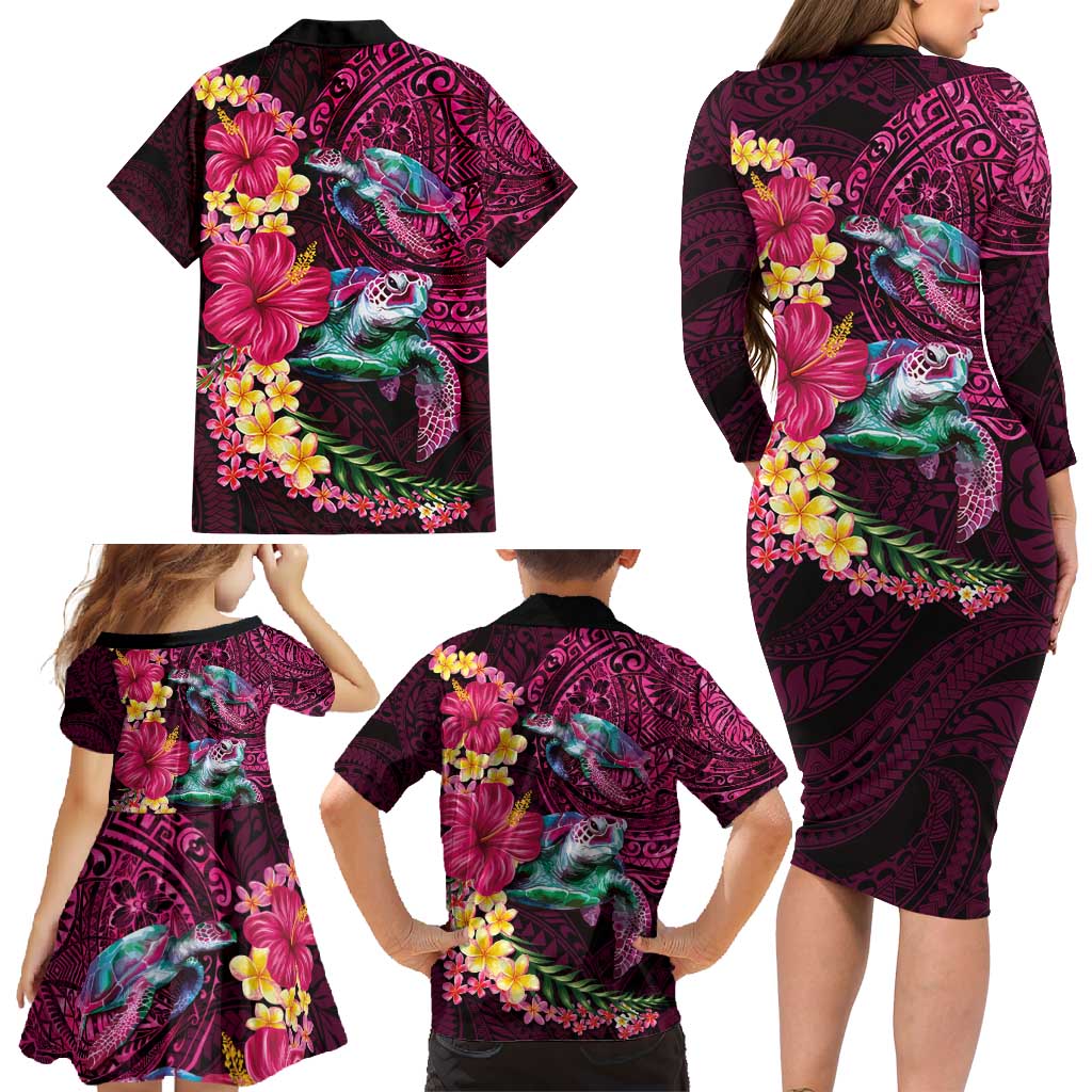 Hawaiian Plumeria and Hibiscus with Turtles Family Matching Long Sleeve Bodycon Dress and Hawaiian Shirt Polynesian Art Red Color LT03 - Polynesian Pride