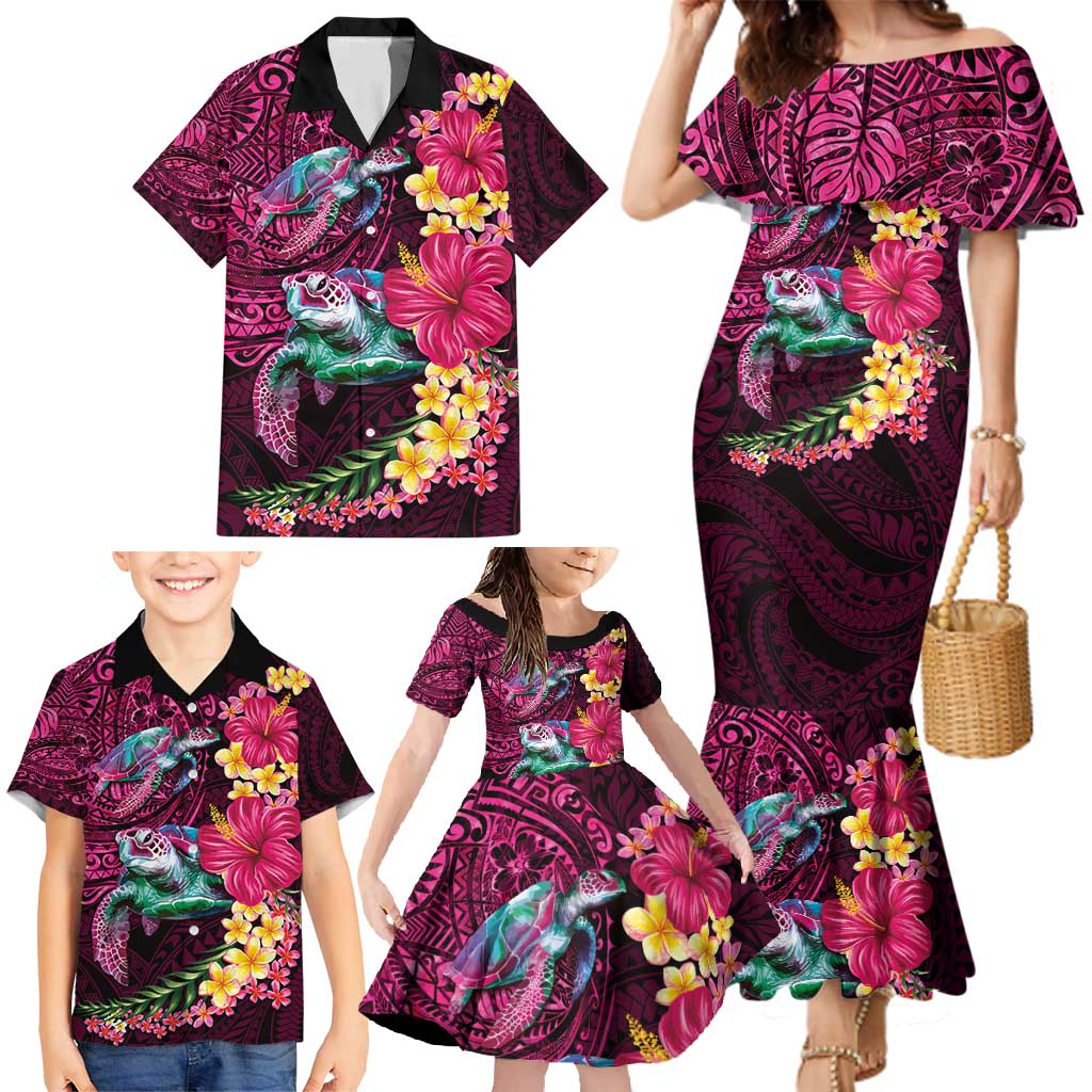 Hawaiian Plumeria and Hibiscus with Turtles Family Matching Mermaid Dress and Hawaiian Shirt Polynesian Art Red Color LT03 - Polynesian Pride