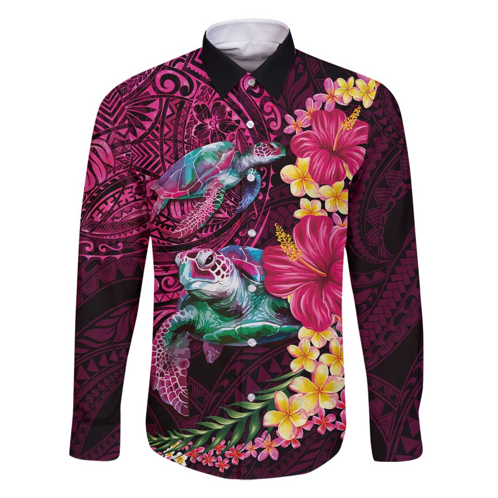 Hawaiian Plumeria and Hibiscus with Turtles Family Matching Mermaid Dress and Hawaiian Shirt Polynesian Art Red Color LT03 Dad's Shirt - Long Sleeve Red - Polynesian Pride