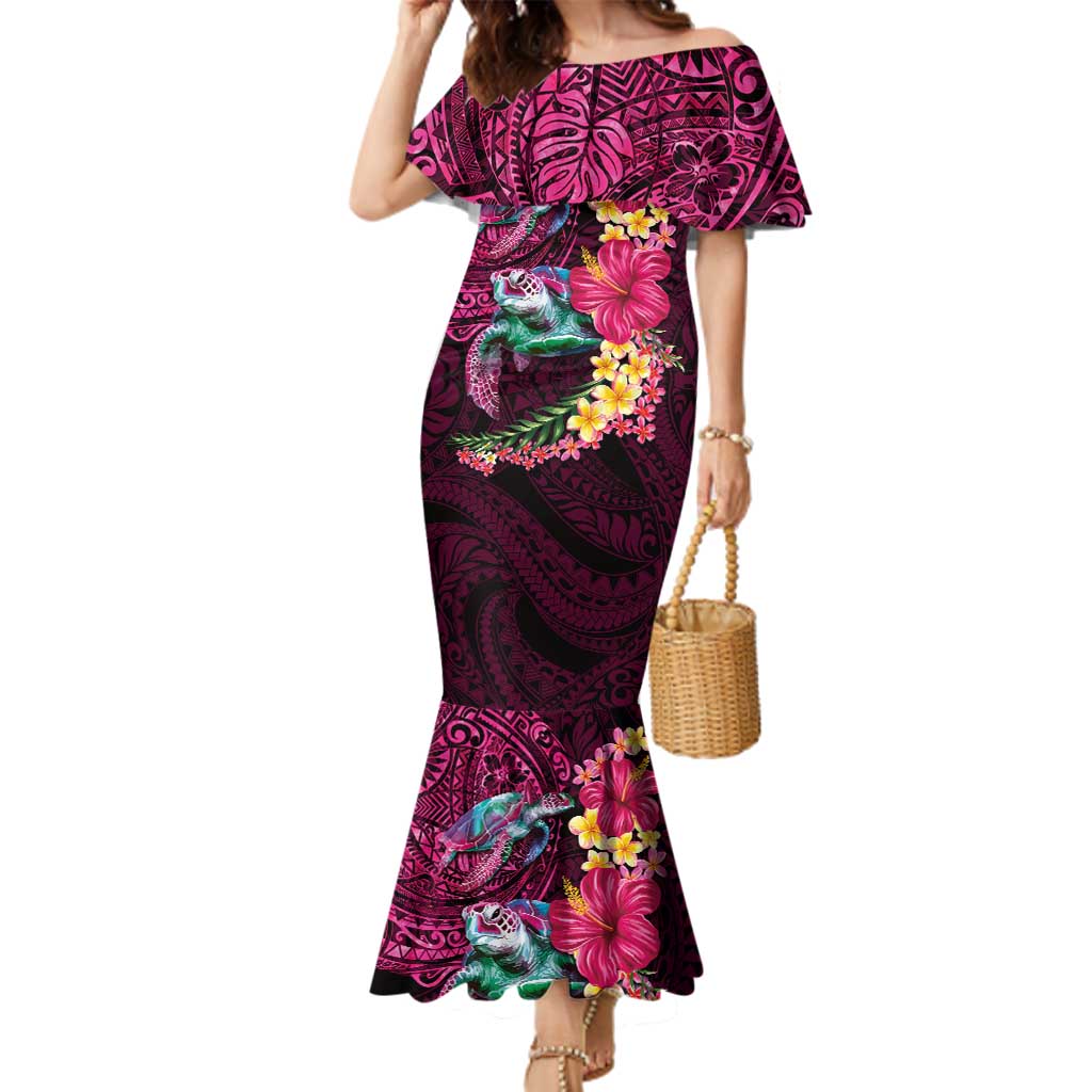 Hawaiian Plumeria and Hibiscus with Turtles Family Matching Mermaid Dress and Hawaiian Shirt Polynesian Art Red Color LT03 Mom's Dress Red - Polynesian Pride