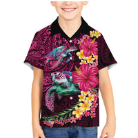Hawaiian Plumeria and Hibiscus with Turtles Family Matching Mermaid Dress and Hawaiian Shirt Polynesian Art Red Color LT03 Son's Shirt Red - Polynesian Pride