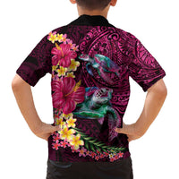 Hawaiian Plumeria and Hibiscus with Turtles Family Matching Off The Shoulder Long Sleeve Dress and Hawaiian Shirt Polynesian Art Red Color LT03 - Polynesian Pride