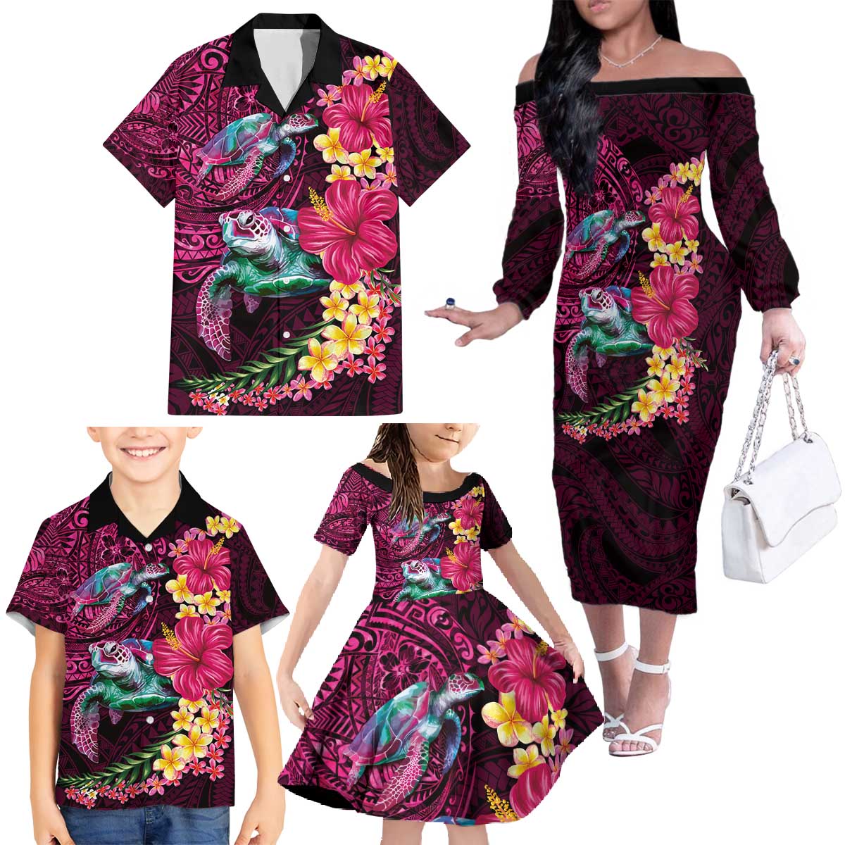 Hawaiian Plumeria and Hibiscus with Turtles Family Matching Off The Shoulder Long Sleeve Dress and Hawaiian Shirt Polynesian Art Red Color LT03 - Polynesian Pride