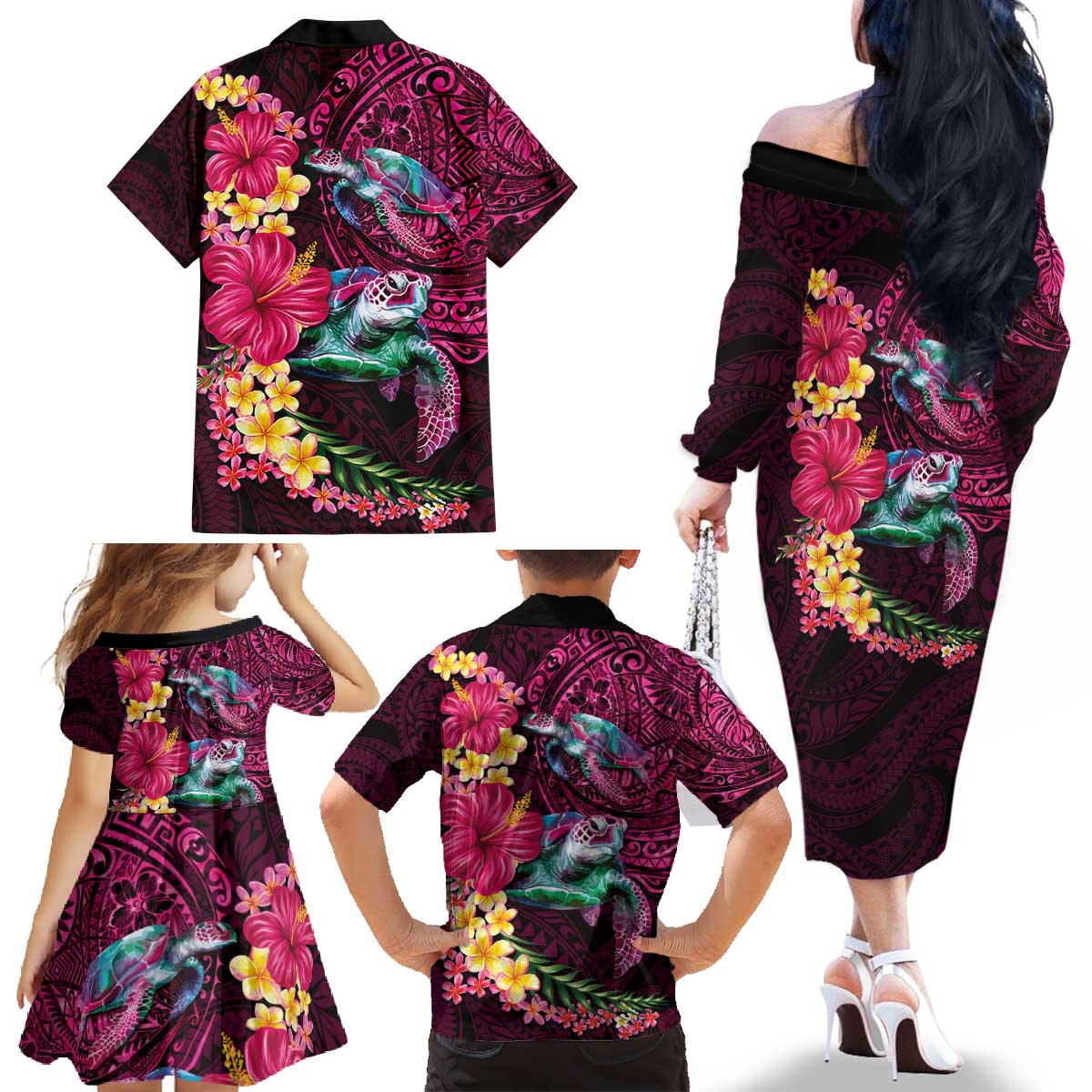Hawaiian Plumeria and Hibiscus with Turtles Family Matching Off The Shoulder Long Sleeve Dress and Hawaiian Shirt Polynesian Art Red Color LT03 - Polynesian Pride