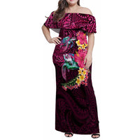 Hawaiian Plumeria and Hibiscus with Turtles Family Matching Off Shoulder Maxi Dress and Hawaiian Shirt Polynesian Art Red Color LT03 Mom's Dress Red - Polynesian Pride