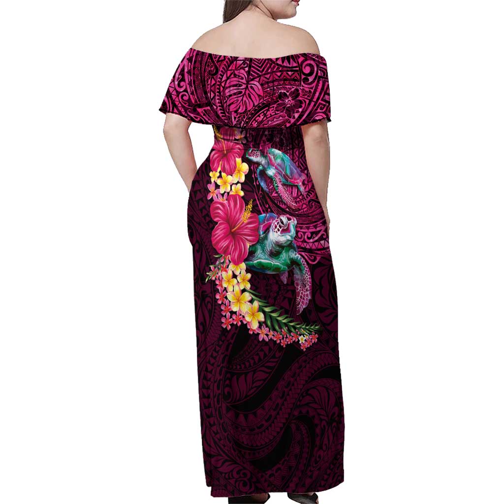 Hawaiian Plumeria and Hibiscus with Turtles Family Matching Off Shoulder Maxi Dress and Hawaiian Shirt Polynesian Art Red Color LT03 - Polynesian Pride