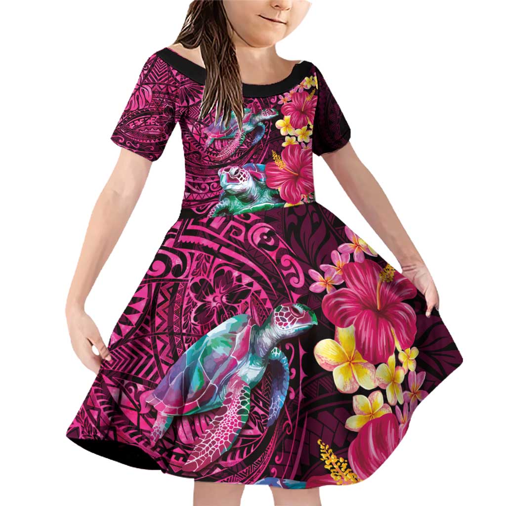 Hawaiian Plumeria and Hibiscus with Turtles Family Matching Off Shoulder Short Dress and Hawaiian Shirt Polynesian Art Red Color LT03 Daughter's Dress Red - Polynesian Pride