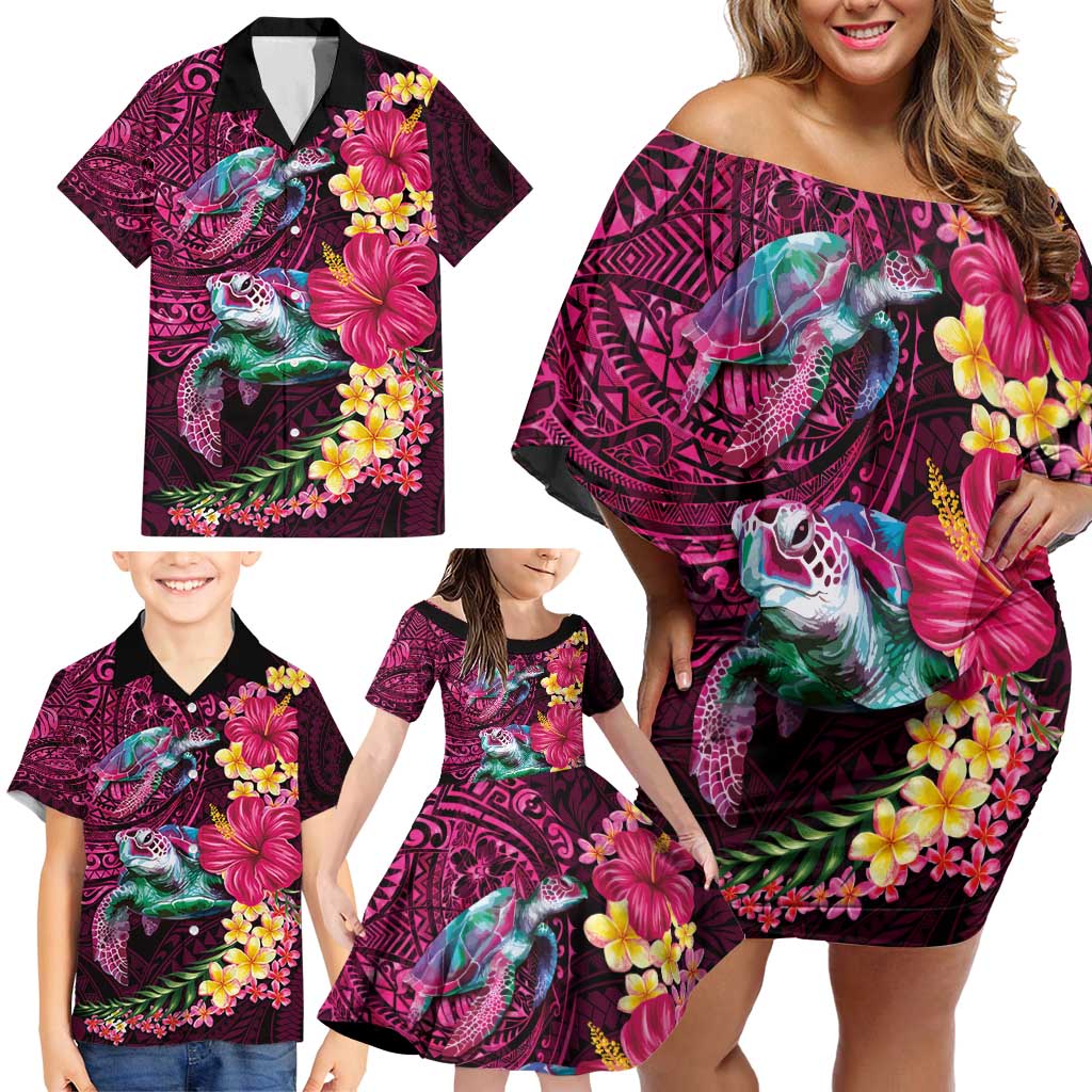 Hawaiian Plumeria and Hibiscus with Turtles Family Matching Off Shoulder Short Dress and Hawaiian Shirt Polynesian Art Red Color LT03 - Polynesian Pride