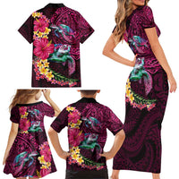 Hawaiian Plumeria and Hibiscus with Turtles Family Matching Short Sleeve Bodycon Dress and Hawaiian Shirt Polynesian Art Red Color LT03 - Polynesian Pride