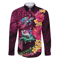 Hawaiian Plumeria and Hibiscus with Turtles Family Matching Short Sleeve Bodycon Dress and Hawaiian Shirt Polynesian Art Red Color LT03 Dad's Shirt - Long Sleeve Red - Polynesian Pride