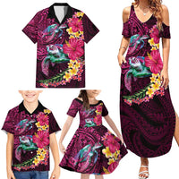 Hawaiian Plumeria and Hibiscus with Turtles Family Matching Summer Maxi Dress and Hawaiian Shirt Polynesian Art Red Color LT03 - Polynesian Pride