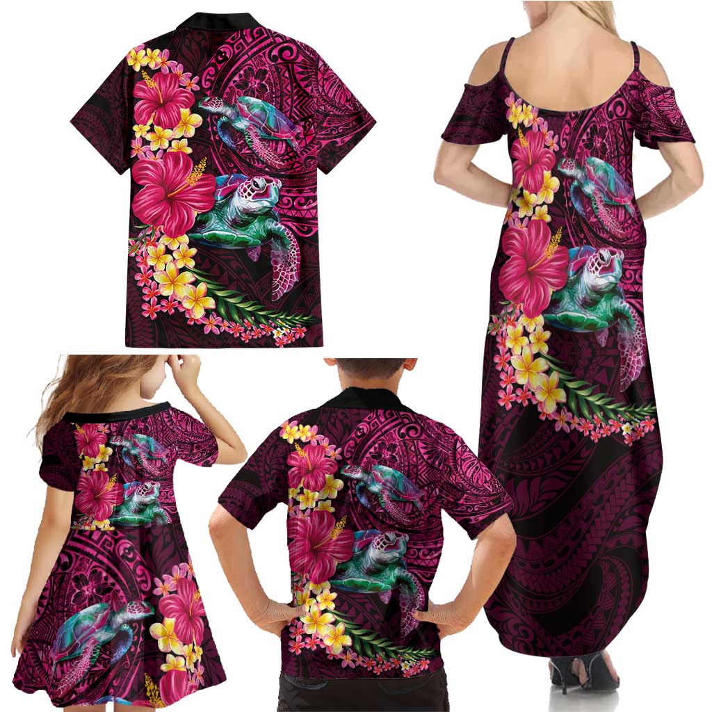 Hawaiian Plumeria and Hibiscus with Turtles Family Matching Summer Maxi Dress and Hawaiian Shirt Polynesian Art Red Color LT03 - Polynesian Pride