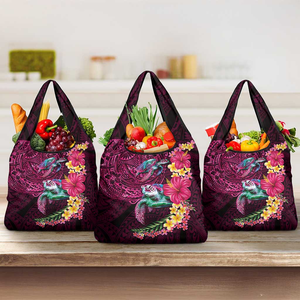 Hawaiian Plumeria and Hibiscus with Turtles Grocery Bag Polynesian Art Red Color - Polynesian Pride