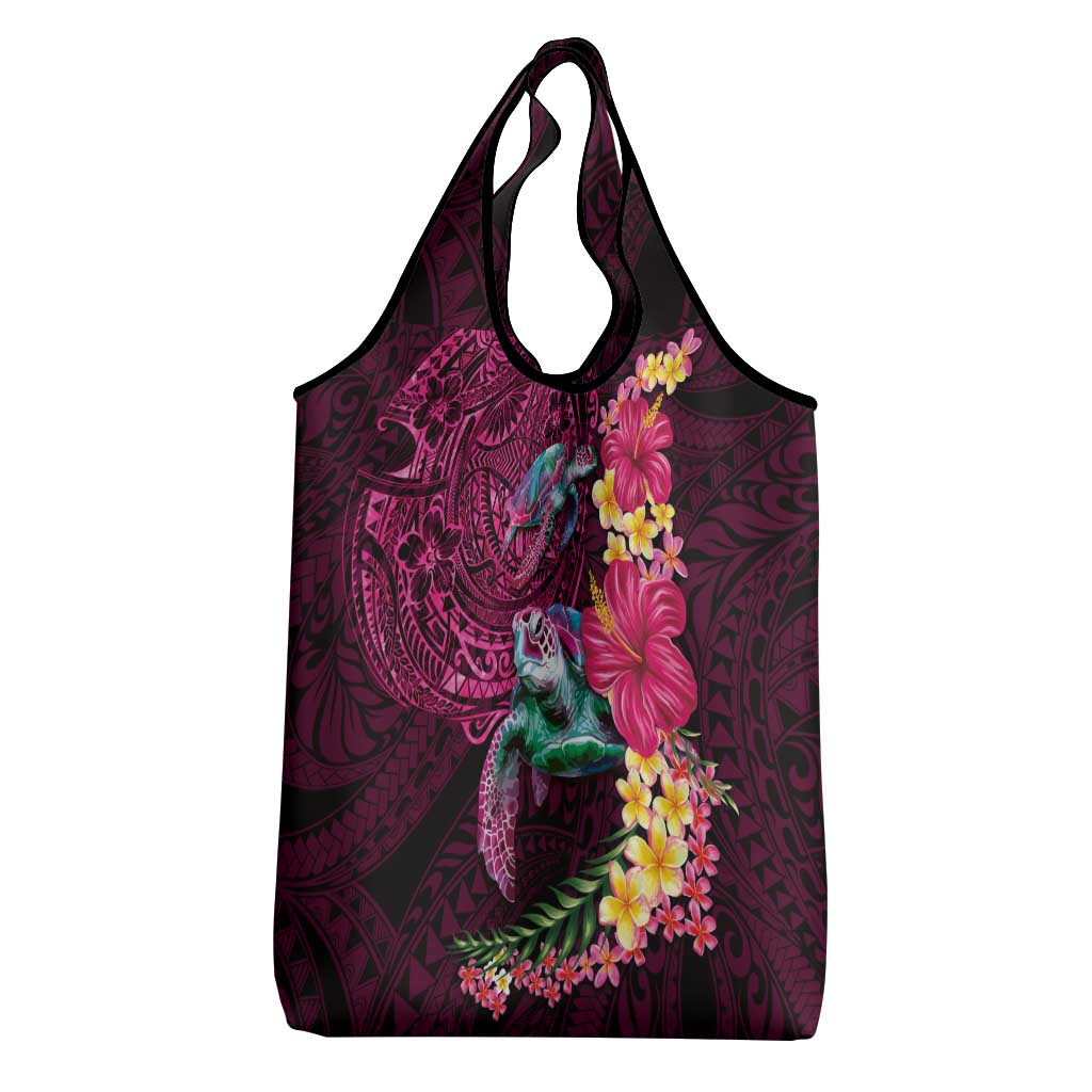 Hawaiian Plumeria and Hibiscus with Turtles Grocery Bag Polynesian Art Red Color - Polynesian Pride