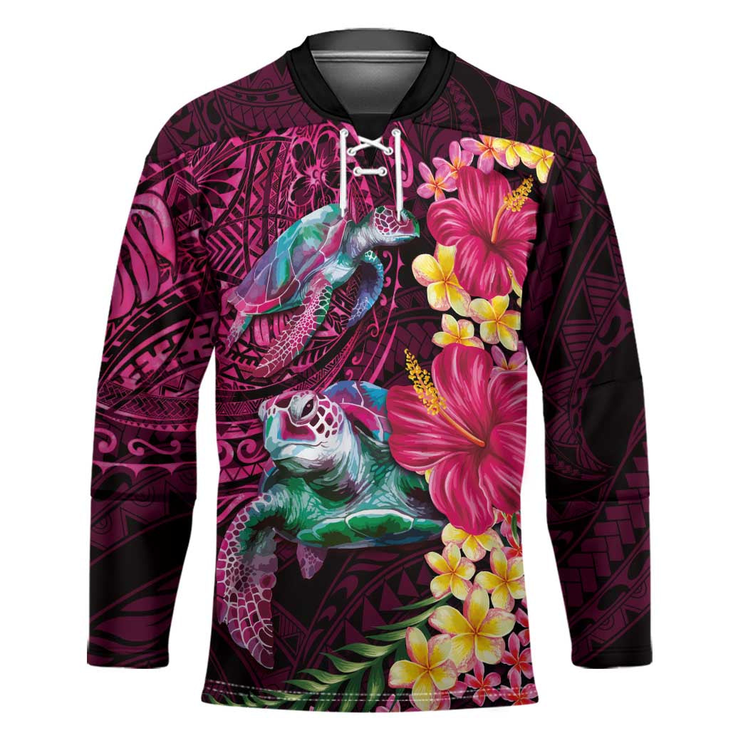 Hawaiian Plumeria and Hibiscus with Turtles Hockey Jersey Polynesian Art Red Color - Polynesian Pride