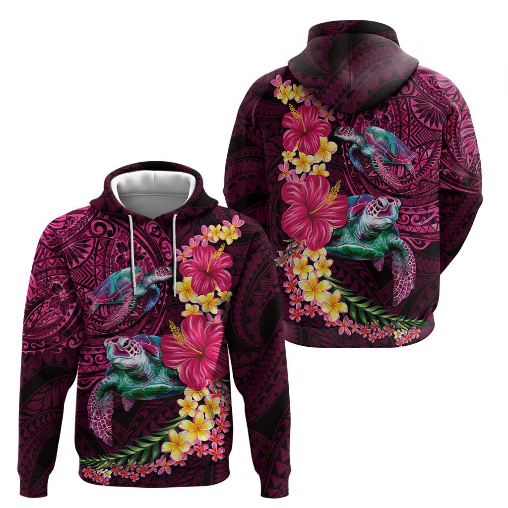 Hawaiian Plumeria and Hibiscus with Turtles Hoodie Polynesian Art Red Color LT03 - Polynesian Pride