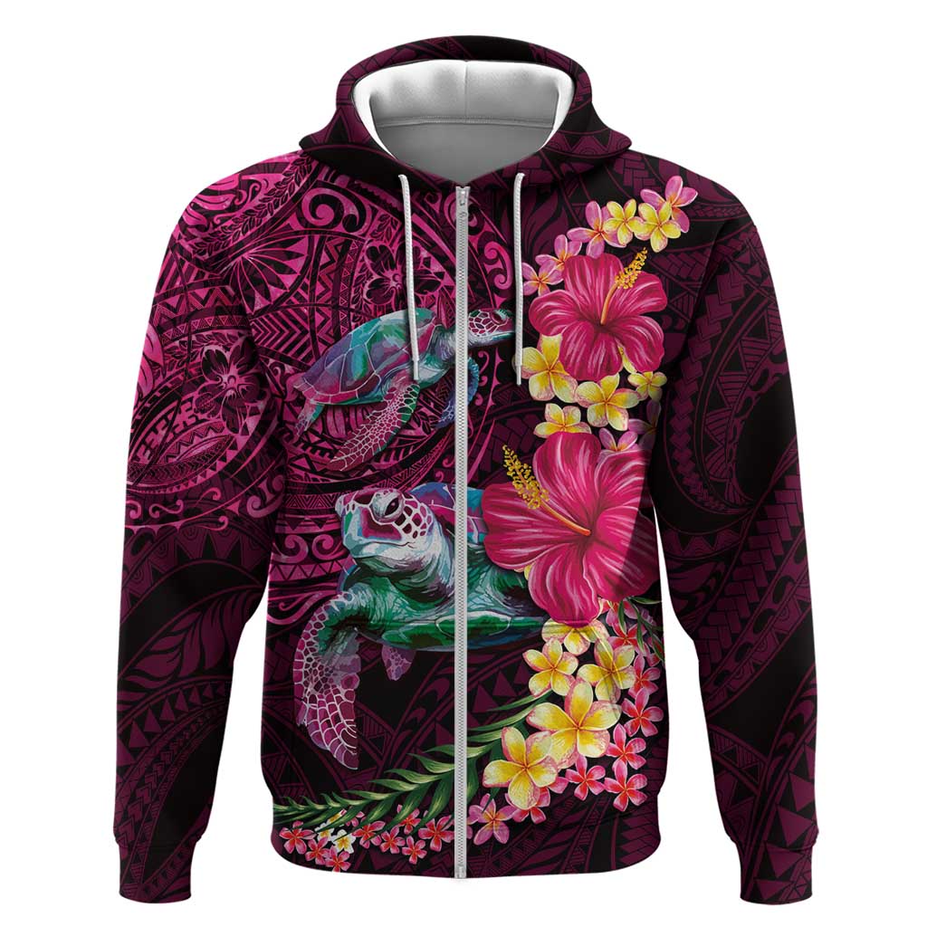 Hawaiian Plumeria and Hibiscus with Turtles Hoodie Polynesian Art Red Color LT03 Zip Hoodie Red - Polynesian Pride