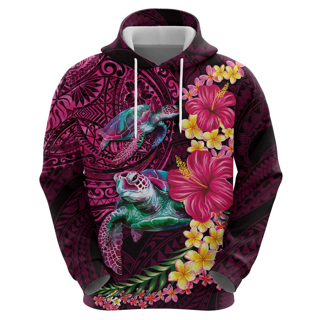 Hawaiian Plumeria and Hibiscus with Turtles Hoodie Polynesian Art Red Color LT03 - Polynesian Pride