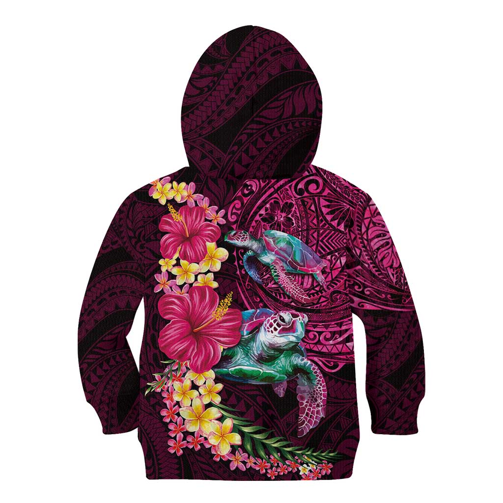 Hawaiian Plumeria and Hibiscus with Turtles Kid Hoodie Polynesian Art Red Color - Polynesian Pride