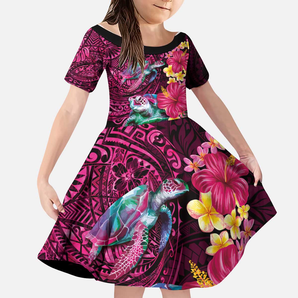 Hawaiian Plumeria and Hibiscus with Turtles Kid Short Sleeve Dress Polynesian Art Red Color LT03 KID Red - Polynesian Pride