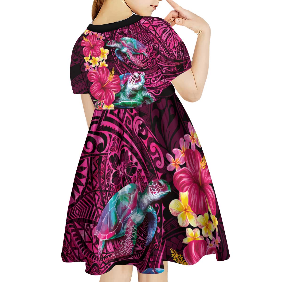 Hawaiian Plumeria and Hibiscus with Turtles Kid Short Sleeve Dress Polynesian Art Red Color LT03 - Polynesian Pride