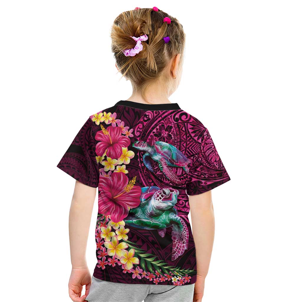 Hawaiian Plumeria and Hibiscus with Turtles Kid T Shirt Polynesian Art Red Color LT03 - Polynesian Pride