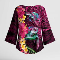 Hawaiian Plumeria and Hibiscus with Turtles Kimono Sleeve Blouse Polynesian Art Red Color LT03 - Polynesian Pride