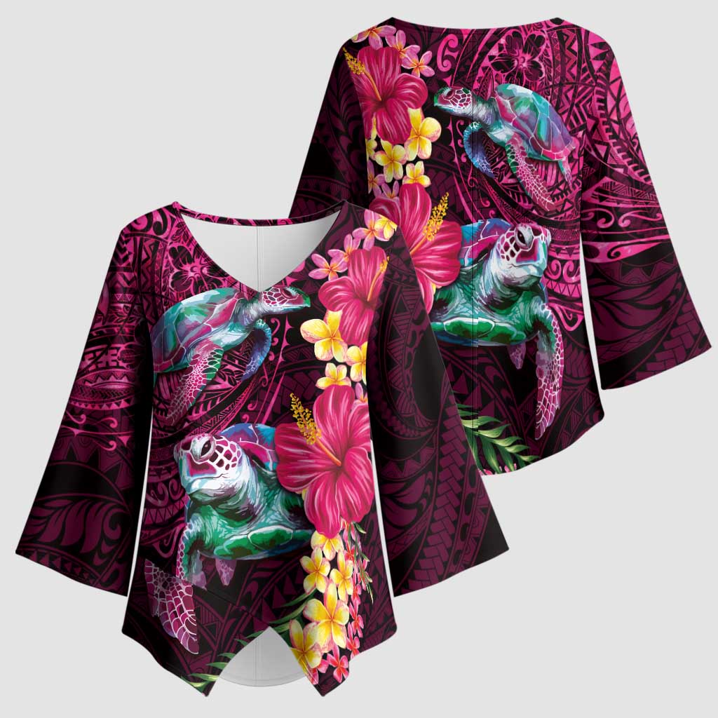 Hawaiian Plumeria and Hibiscus with Turtles Kimono Sleeve Blouse Polynesian Art Red Color LT03 - Polynesian Pride