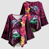 Hawaiian Plumeria and Hibiscus with Turtles Kimono Sleeve Blouse Polynesian Art Red Color LT03 - Polynesian Pride