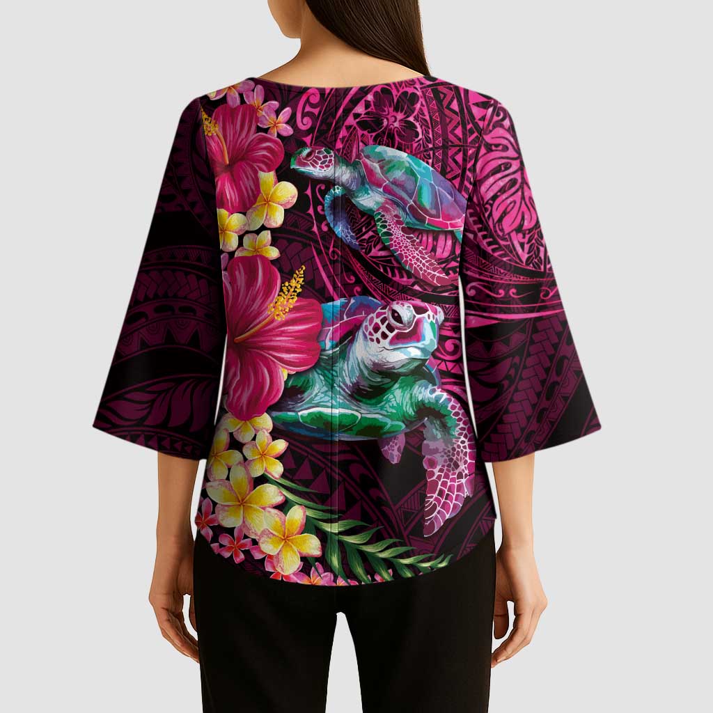 Hawaiian Plumeria and Hibiscus with Turtles Kimono Sleeve Blouse Polynesian Art Red Color LT03 - Polynesian Pride