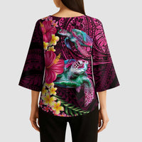 Hawaiian Plumeria and Hibiscus with Turtles Kimono Sleeve Blouse Polynesian Art Red Color LT03 - Polynesian Pride
