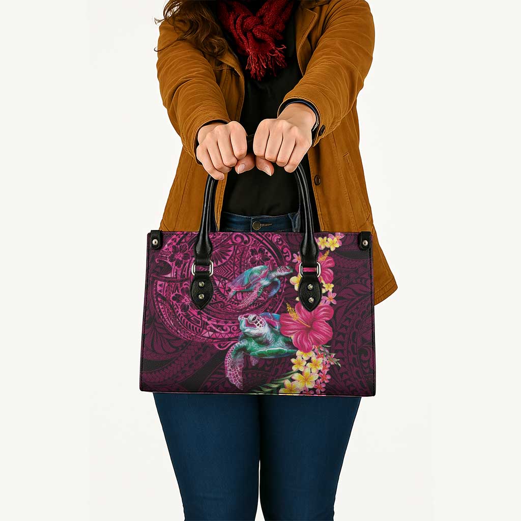 Hawaiian Plumeria and Hibiscus with Turtles Leather Bag Polynesian Art Red Color - Polynesian Pride