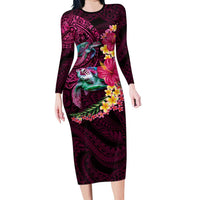 Hawaiian Plumeria and Hibiscus with Turtles Long Sleeve Bodycon Dress Polynesian Art Red Color LT03 Long Dress Red - Polynesian Pride