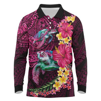 Hawaiian Plumeria and Hibiscus with Turtles Long Sleeve Polo Shirt Polynesian Art Red Color LT03 Red - Polynesian Pride