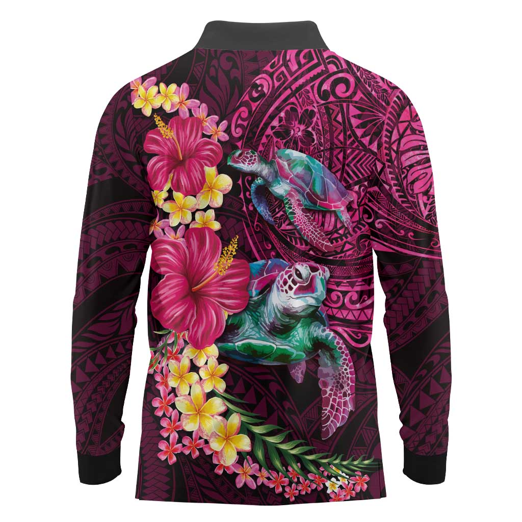 Hawaiian Plumeria and Hibiscus with Turtles Long Sleeve Polo Shirt Polynesian Art Red Color LT03 - Polynesian Pride